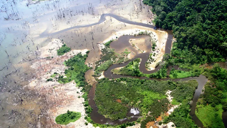 Aerial view of tsunami affected island.