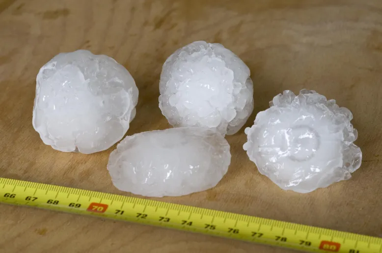4 giant hailstones sit next to a tape measure, showing that they are more than 5 cm in diameter.