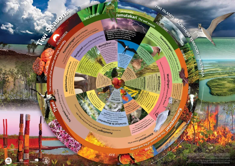 Colour wheel and nature images explaining the traditional seasons of the Tiwi people.