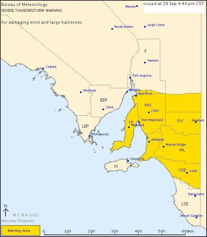 Sample broadbased severe thunderstorm warning map of southern South Australia, showing the likely affected area from Port Pirie to Keith shaded in yellow.