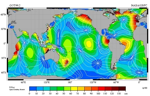 Global map showing amphidromic points around the world. There is a point near the south-west coast of Western Australia.