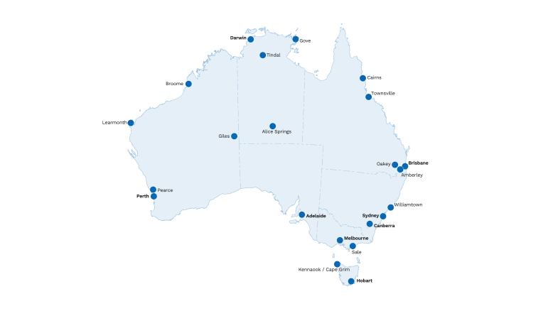 Map of Australia showing all the staffed Bureau offices with their location and name.
