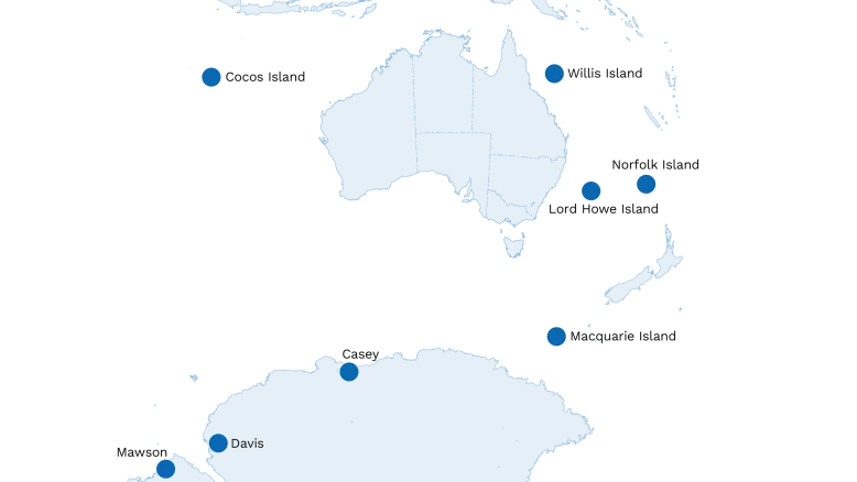 Map of Australia, surrounding ocean and Antarctica showing the location of staffed offices outside the Australian mainland: Cocos Island, Willis Island, Norfolk Island, Lord Howe Island, Macquarie Island and Antarctica.