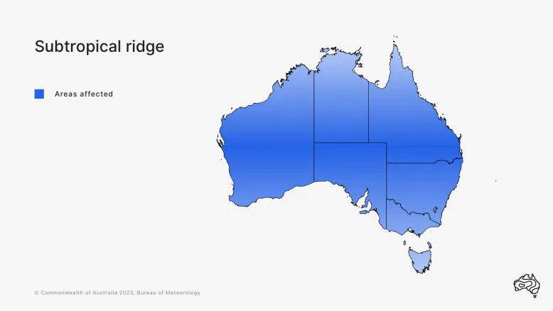 Map of Australia with blue shading to show where subtropical ridges occur. The shading appears across all of the country.