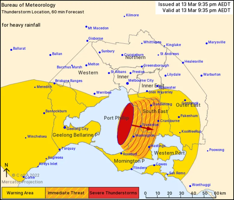 A sample detailed severe thunderstorm warning map showing a thunderstorm moving east over Melbourne. The forecast direction of movement for up to 60 minutes is shown by red arrow. The immediate threat area is coloured with an orange-hash and stretches south east of the thunderstorms toward Western Port.