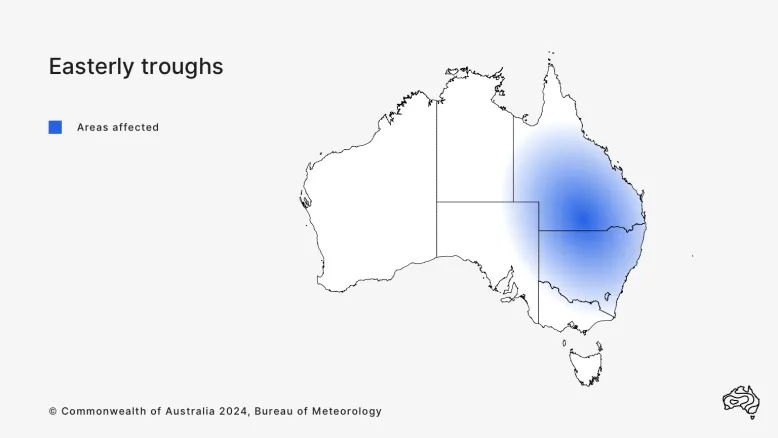 Map of Australia with blue shading to show where easterly troughs occur. Blue shading radiates across most of Queensland and all of New South Wales.