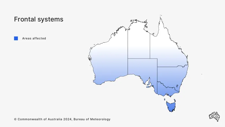 Map of Australia with blue shading to show where frontal systems occur. Southern Australia is shaded blue, fading to white in the north.