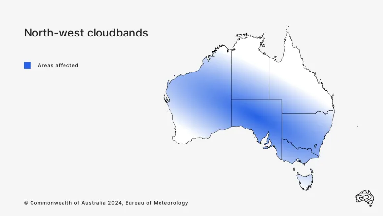Map of Australia with blue shading to show where north-west cloudbands occur. Blue shading radiates from a diagonal line between Broome in Western Australia and Sydney in New South Wales.