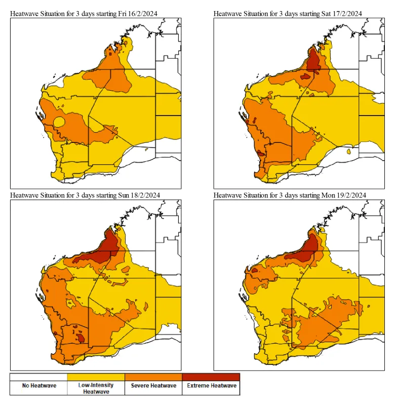 4 maps of Western Australia. Each shows a 3-day heatwave forecast. A legend shows white for no heatwave, yellow for low intensity, orange for severe and red for extreme. The first map from Friday 16/02/24 shows a widespread low-intensity heatwave with severe areas across the middle and north-west. From Saturday, an extreme heatwave is forecast for the Broome area. The remaining 2 maps show the extreme conditions continuing to develop, while further south severe conditions contract.