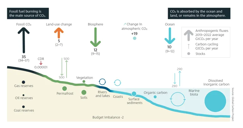 Infographic showing perturbation of the global carbon budget caused by anthropogenic activities between 2013 and 2022. Breakout text reads: Fossil fuel burning is the main source of CO2. CO2 is absorbed by the ocean and land, or remains in the atmosphere. Source: Global Carbon Project.