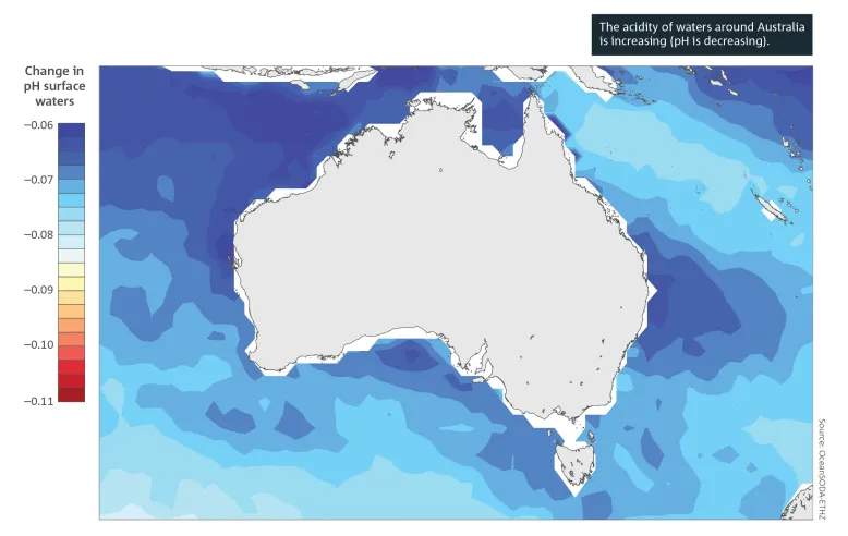 Heat map of Australia and some of the surrounding region showing the decrease in pH of surface waters between 1982 and 2022. Breakout text reads: The acidity of waters around Australia is increasing (pH is decreasing). Source: OceanSODA-ETHZ.