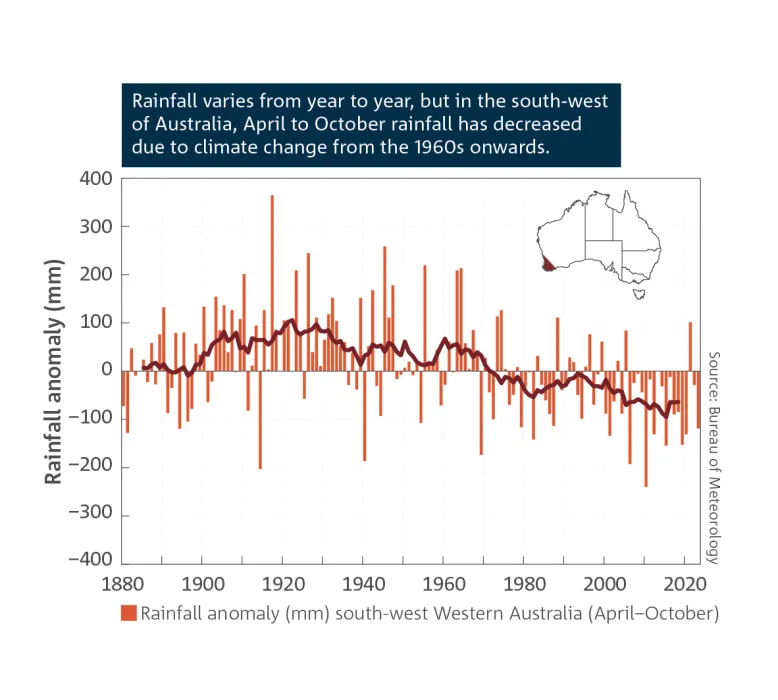 Bar graph showing rainfall anomaly in mm in south-west Australia between April and October. Breakout text reads: Rainfall varies from year to year, but in the south-west of Australia, April to October rainfall has decreased due to climate change from the 1960s onwards. Source: Bureau of Meteorology.