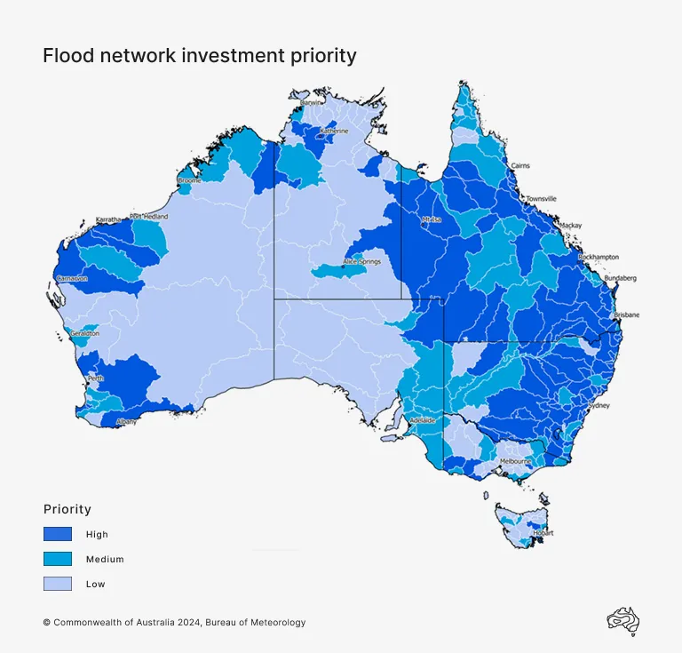 Map of Australia showing priorities for flood warning infrastructure program investment, by flood watch catchment. The majority of priority catchments are located across Queensland and New South Wales.