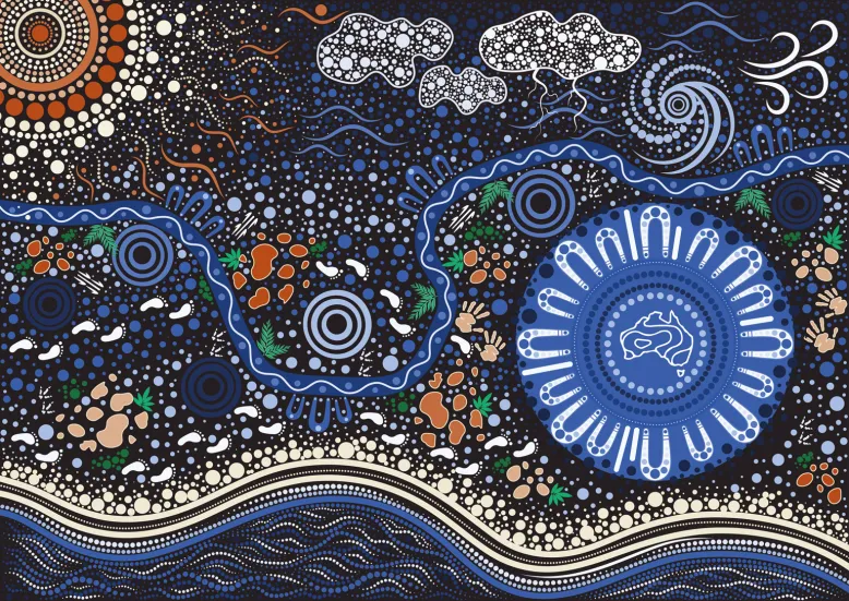 Indigenous artwork showing weather elements against an indigo background. It also features community and plant representations, footprints and handprint stencils, and kangaroo and emu tracks. The Bureau of Meteorology logo is in the middle of a large meeting circle.