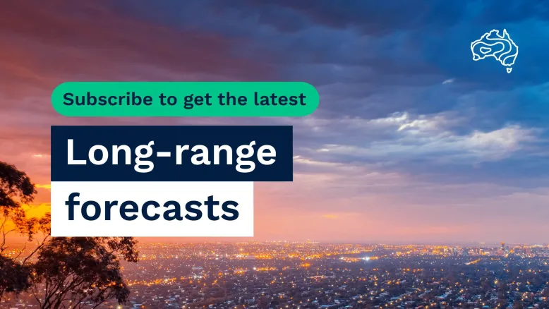 A cloudy sky is lit up by the sun setting in the distance. Overlaid text reads: Subscribe to get the latest long-range forecasts.