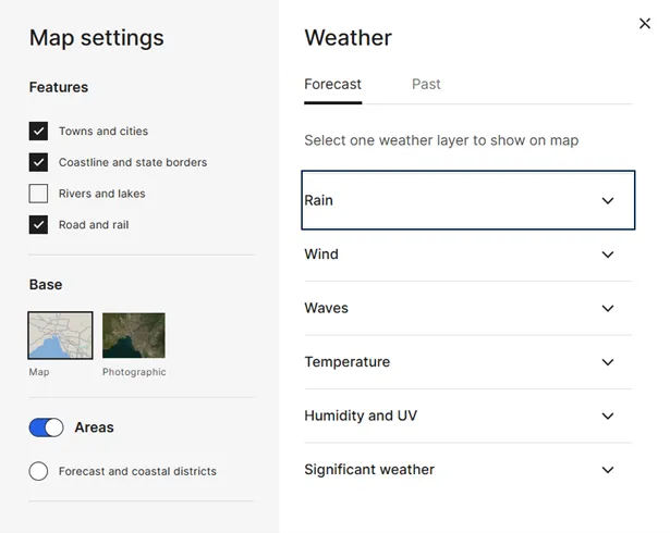 Map settings and forecast information options on website.