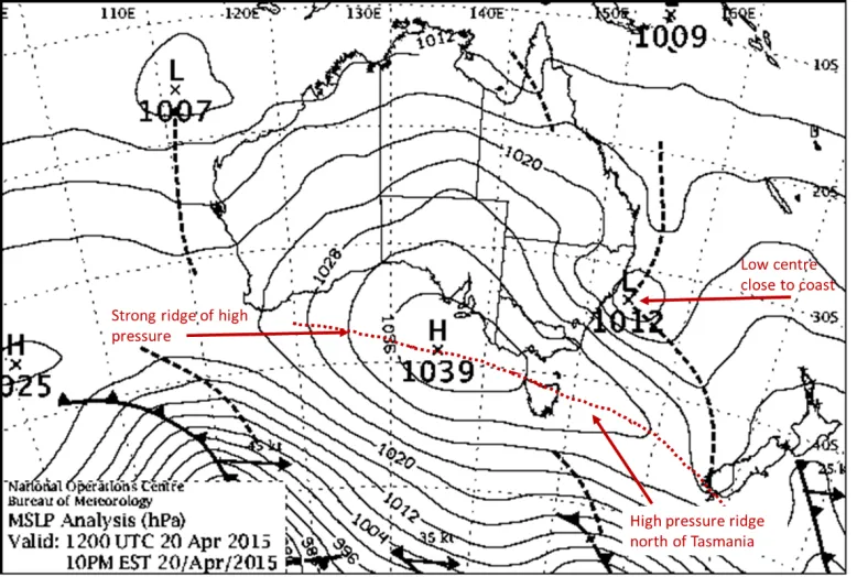 Synoptic chart showing east coast low affecting New South Wales.