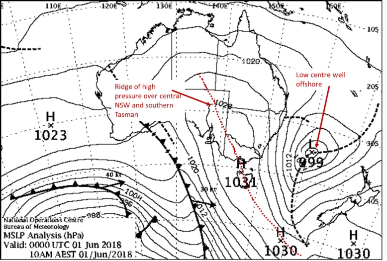 Synoptic chart showing offshore low affecting New South Wales.