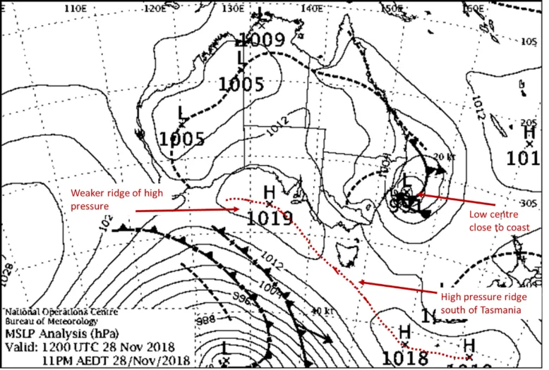 Synoptic chart showing transient low affecting New South Wales.