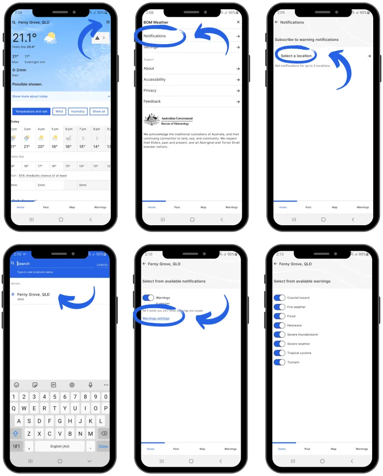 Image shows a sequence of 6 phone screenshots. Each screen shows a step in the process of adding locations and changing preferences for warning notifications.
