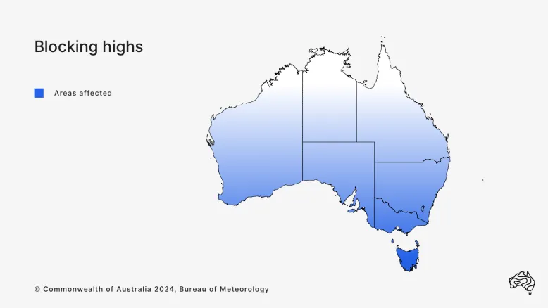 Map of Australia with blue shading to show where blocking highs occur. Southern Australia is shaded blue, fading to white in the north.