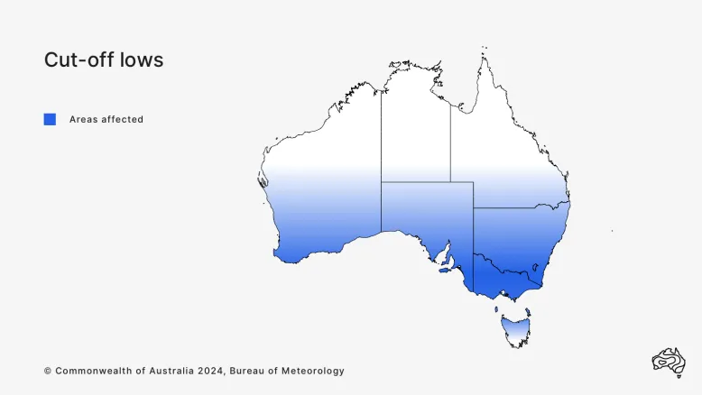 Map of Australia with blue shading to show where cut-off lows occur. Southern Australia is shaded blue, fading to white above the middle of the continent.