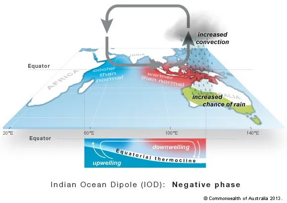 Map showing Indian Ocean Dipole in negative phase. Australia is at bottom right. Arrows indicate air circulation from west to east, with warmer than normal waters to Australia's north west, with increased convection, and cooler than normal waters near north eastern Africa. Beneath the map, a graphic shows upwelling in the western equatorial thermocline and downwelling in the east.