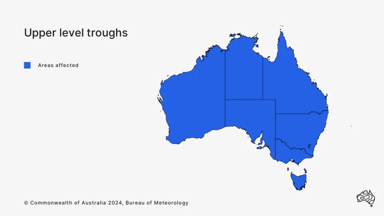 Map of Australia with blue shading to show where upper level troughs occur. The shading appears across all of the country.