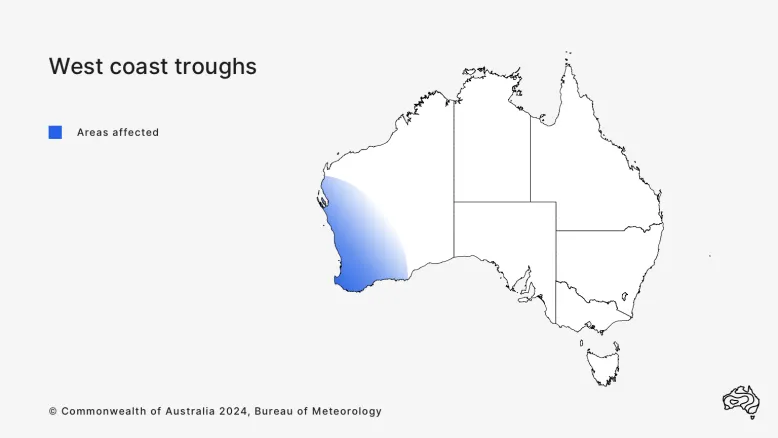 Map of Australia with blue shading to show where west coast troughs occur. The shading appears across the south-west of Western Australia.