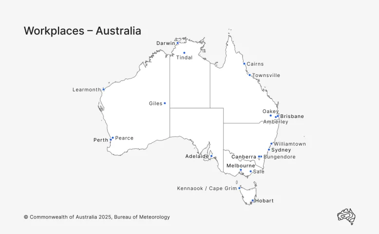 Map of Australia showing all staffed Bureau workplaces as listed in the 2024–25 annual report.