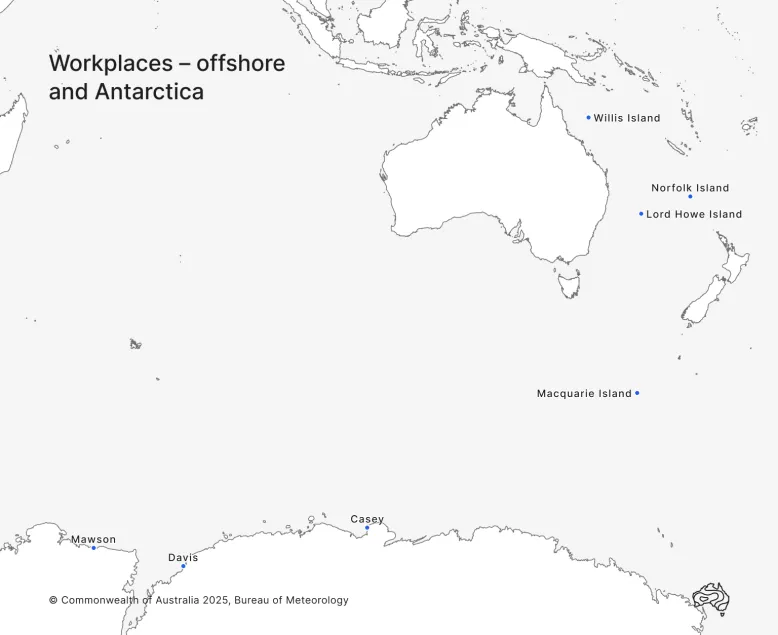 Map of Australia, surrounding ocean and Antarctica showing the location of staffed offices outside the Australian mainland: Willis Island, Norfolk Island, Lord Howe Island, Macquarie Island and Antarctic bases.
