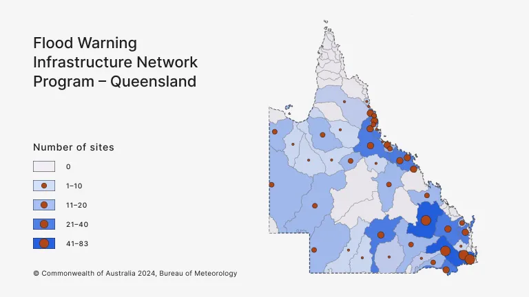 Map of Queensland showing flood watch catchment boundaries and flood warning infrastructure network program sites.