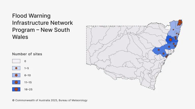 Map of New South Wales showing flood watch catchment boundaries and flood warning infrastructure network program sites. Most are along the state's north-east coast.